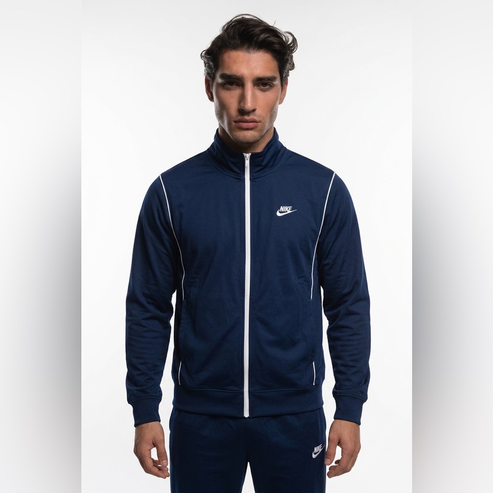 🌀 Nike Sportswear Track Jacket Mens L Blue White Piping Lined Vintage Y2K Vibes